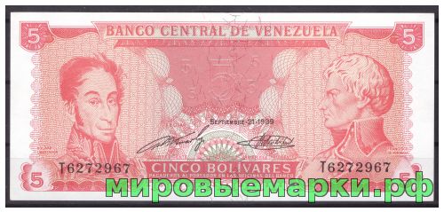 Венесуэла 1989 г. Банкнота 5 боливаров. UNC