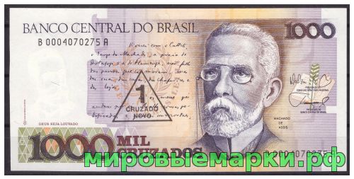 Бразилия 1989 г. Банкнота 1 новый крузадо(надпечатка на 1000 крузадо 1988 г.). UNC