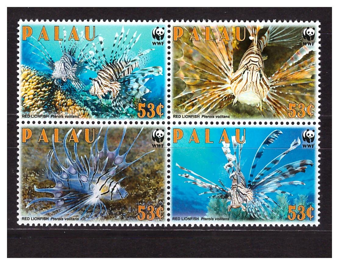 Палау 2009 г. № 2902-2905 Фауна. WWF. Рыбы. Крылатка-зебра. Сцепка