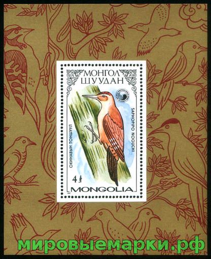 Монголия 1987 г. № 1858(блок 119). Фауна. Птицы. Дятлы. Блок