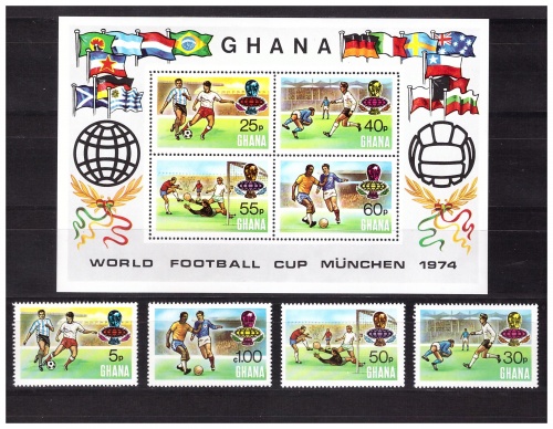 Гана 1974 г. № 564-567, блок 57А. Футбол. Чемпионат мира(Германия). Серия+блок
