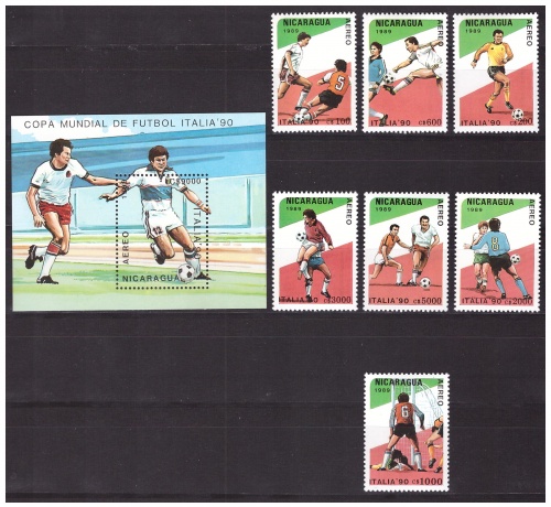 Никарагуа 1989 г. № 2934-2940, блок 183. Футбол. Чемпионат мира(Италия). Серия+блок