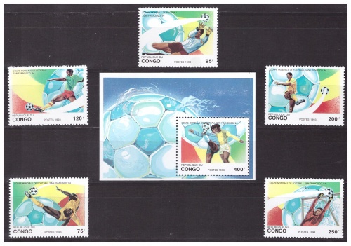 Конго 1993 г. № 1357-1361, блок 111. Футбол. Чемпионат мира(США). Серия+блок