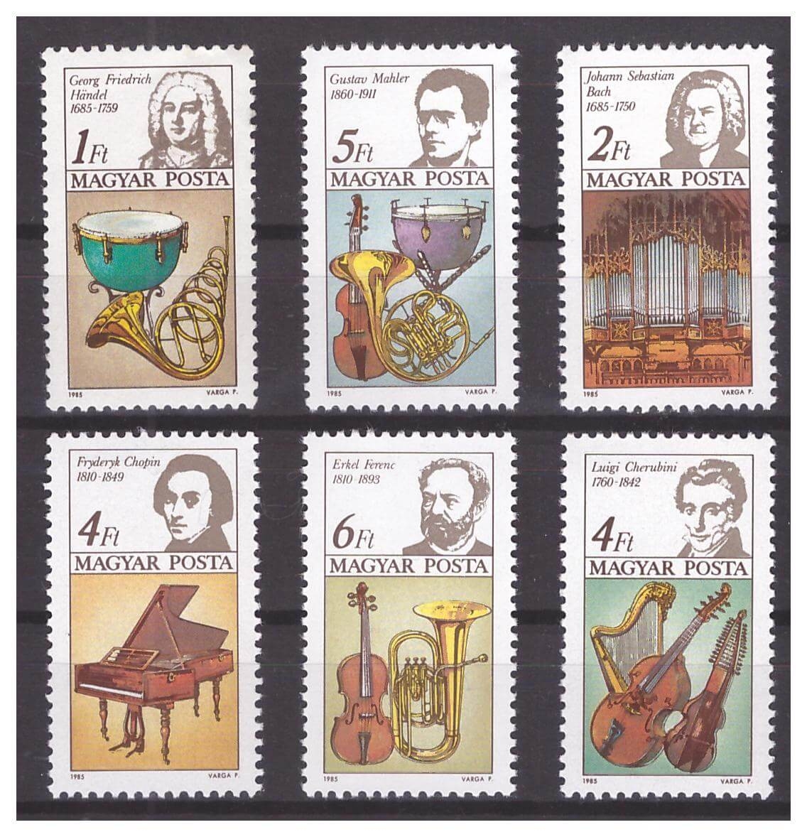 Венгрия 1985 г. № 3772-3777. Композиторы. Музыкальные инструменты. Серия
