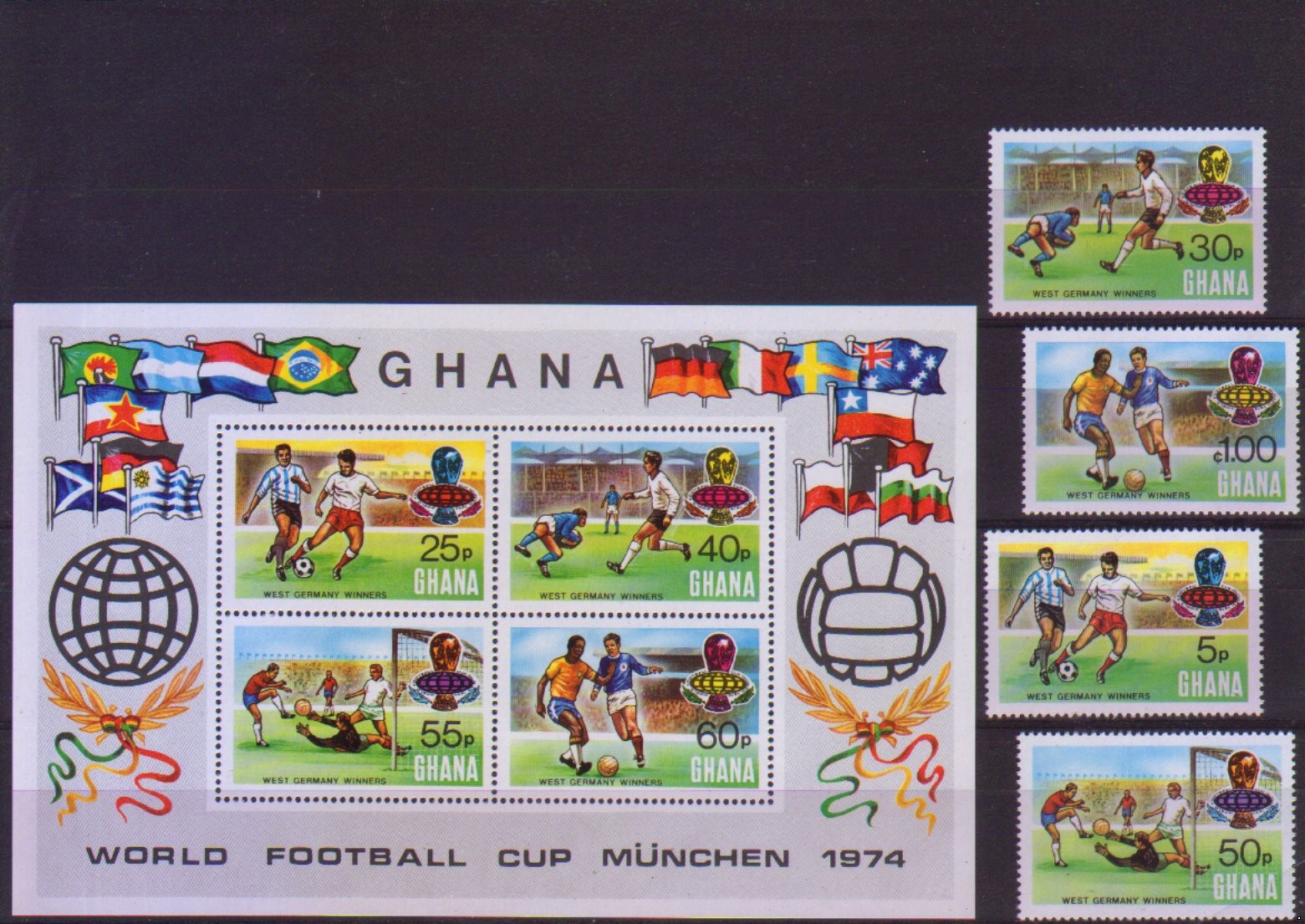 Гана Футбол ЧМ-74 надпечатка, серия+блок