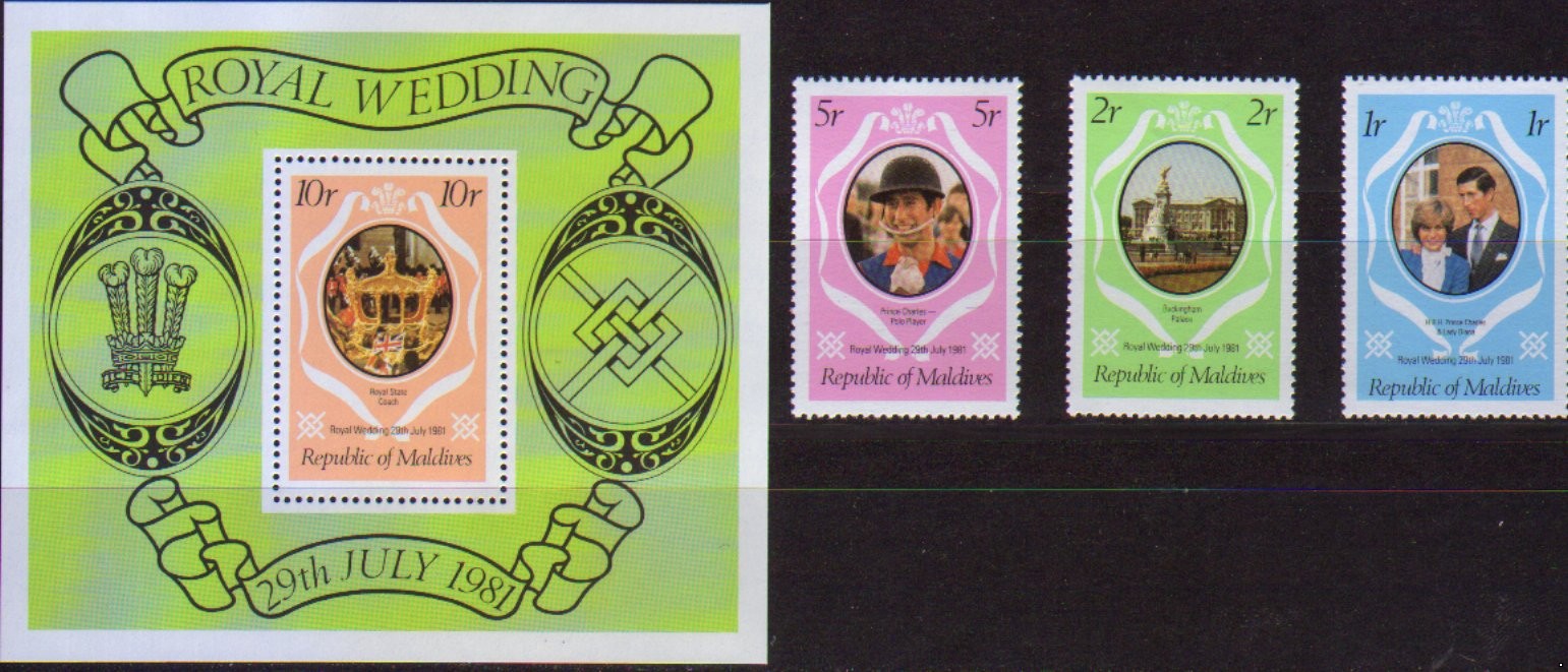 Мальдивы 1981 г. № 928-930, блок 74. Свадьба принца Чарльза и Дианы Спенсер. Серия+блок