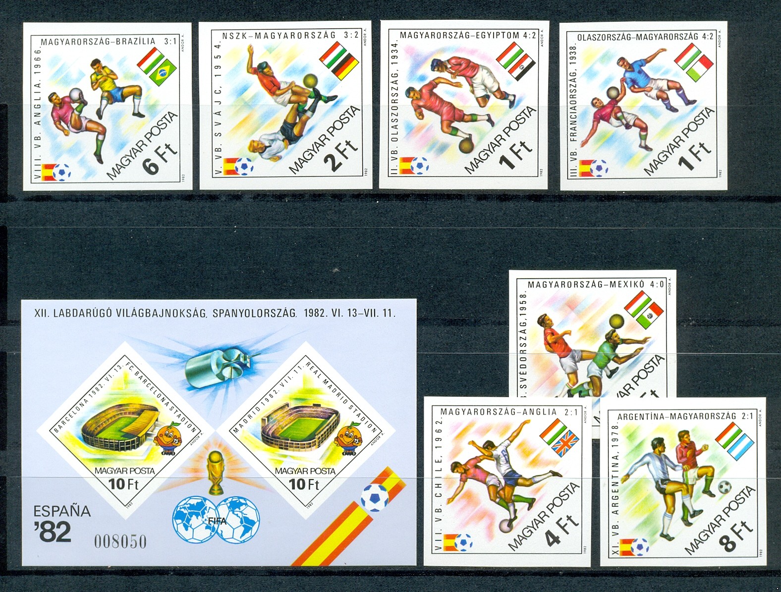 Венгрия 1982 г. № 3538В-3544В, блок 155В(3545В-3546В). Спорт. Футбол. Чемпионат мира(Испания). Серия+блок(беззубц.)