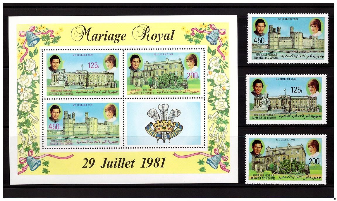 Коморские о-ва 1981 г. № 630-632, блок 228. Свадьба принца Чарльза и Дианы Спенсер. Серия+блок