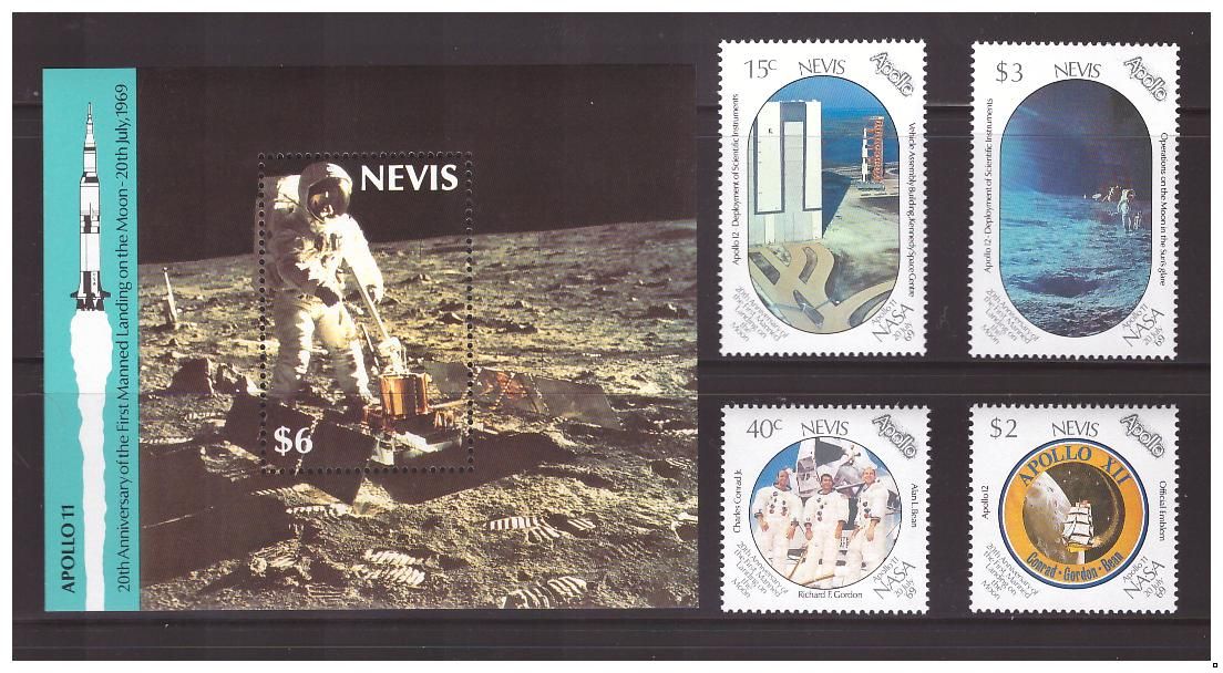 Невис 1989 г. Космос 20 лет проекту Аполлон-12, серия+блок
