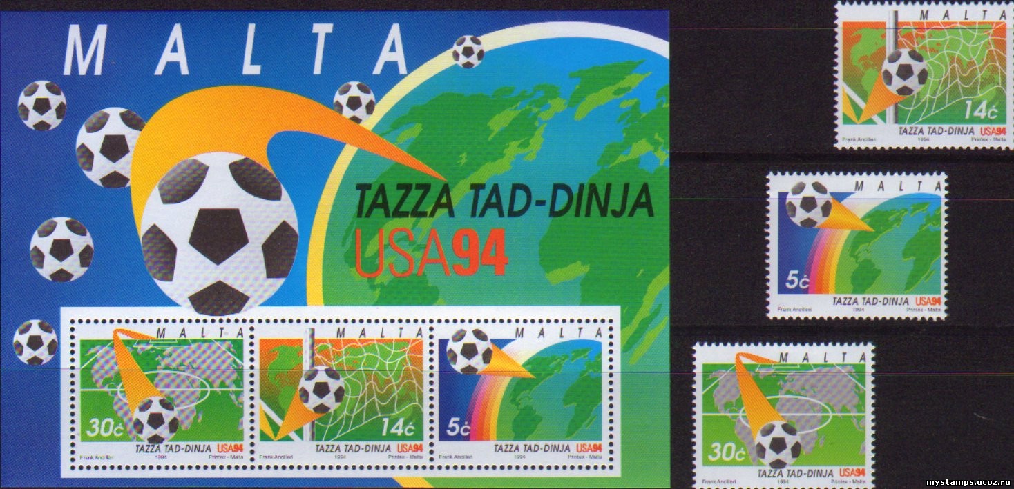 Мальта 1994 г. № 933-935, блок 14. Футбол. Чемпионат мира(США). Серия+блок