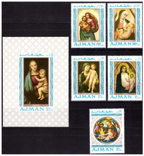 Аджман 1968 г. № 327-331, 332(блок 66). Живопись. Мадонна с младенцем. Серия+блок