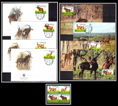 Ангола 1990 г. № 799-802 Фауна. WWF. Чёрная антилопа. Серия+4КПД+4MAXI