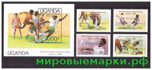 Уганда 1986 г. № 494-497(блок 63) Спорт. Футбол. Чемпионат мира(Мексика). Надпечатка. Серия+блок