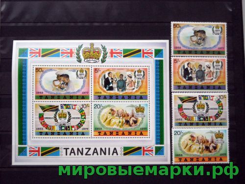Танзания 1977 г. № 87-90, блок 9. 25-летие Коронации Елизаветы II. Серебряный Юбилей. Серия+блок