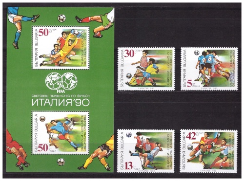 Болгария 1990 г. № 3825-3828, блок 209А. Футбол. Чемпионат мира(Италия). Серия+блок