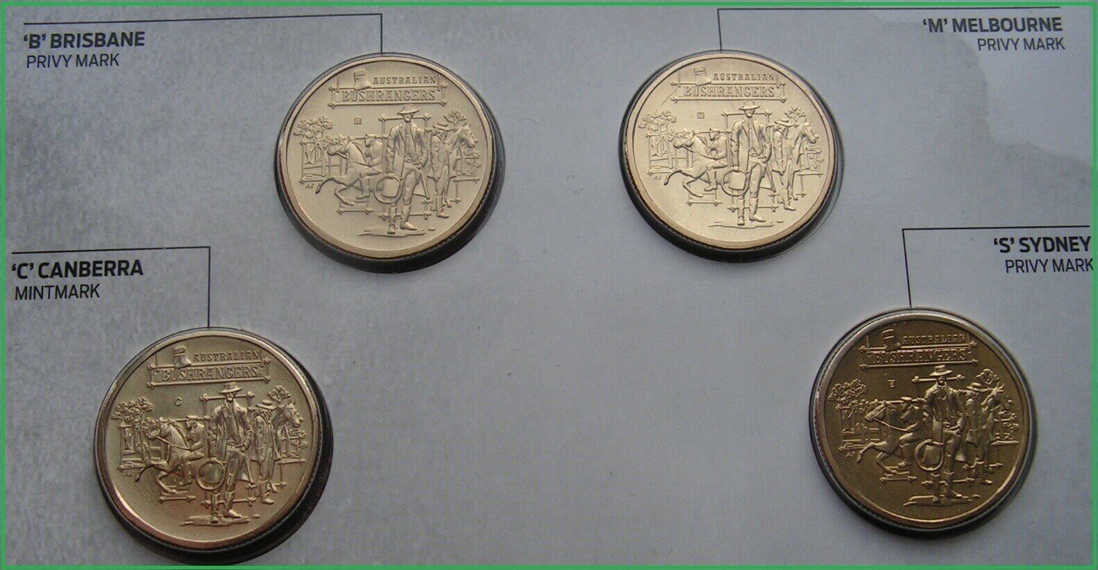 Австралия 2019 г. 1 доллар. Бушрейнджеры. Набор из 4 монет(мон.дворы-B, C, M и S)