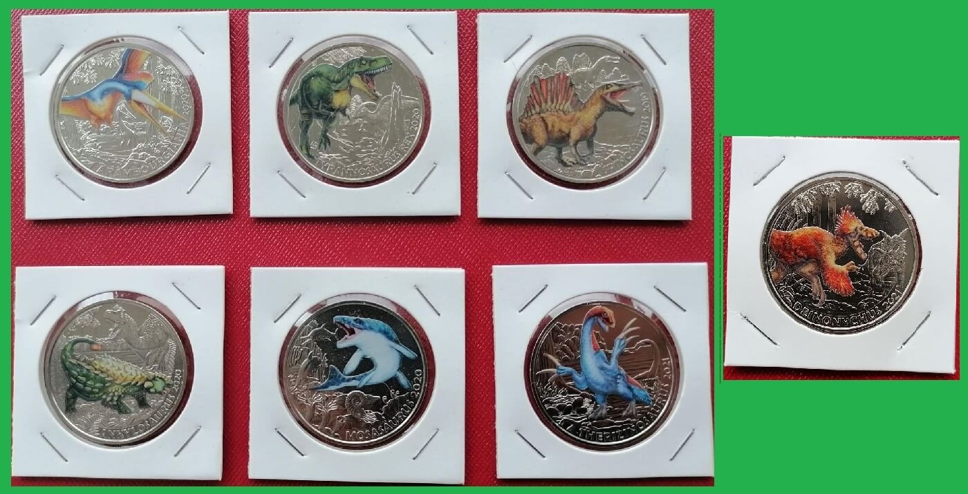 Австрия 2019-2021 г.г. 3 евро. Динозавры. Набор из 7 монет(цветные)