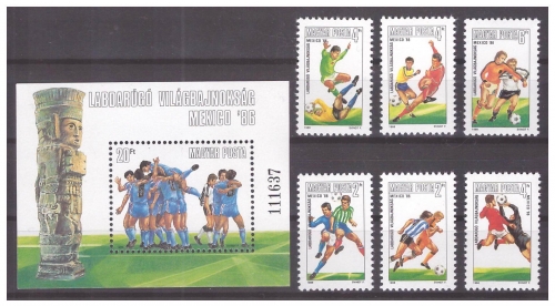 Венгрия 1986 г. № 3814-3819, 3820(блок 183А). Спорт. Чемпионат мира по футболу(Мексика). Серия+блок