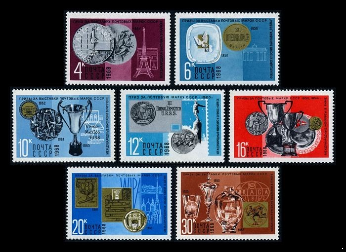 Кликните для увеличения изображения СССР 1968 г. № 3688-3694 Награды коллекциям марок, серия 7 марок