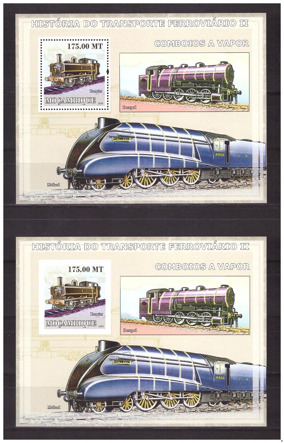 Мозамбик 2009 г. История железнодорожного транспорта, 2блока(перф.+беззубц.), тип II