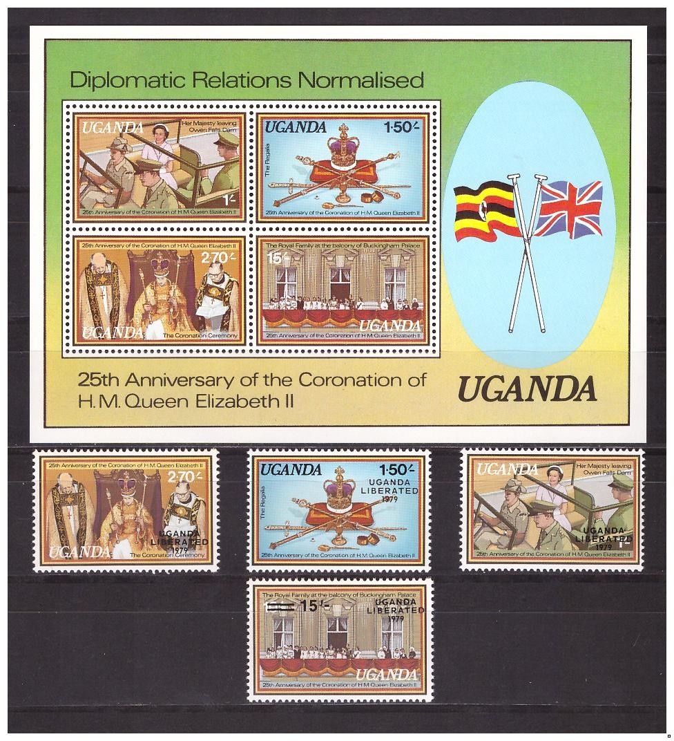 Уганда 1979 г. № 221-224, блок 17. 25-летие Коронации Елизаветы II. Серебряный Юбилей. Надпечатка. Серия+блок