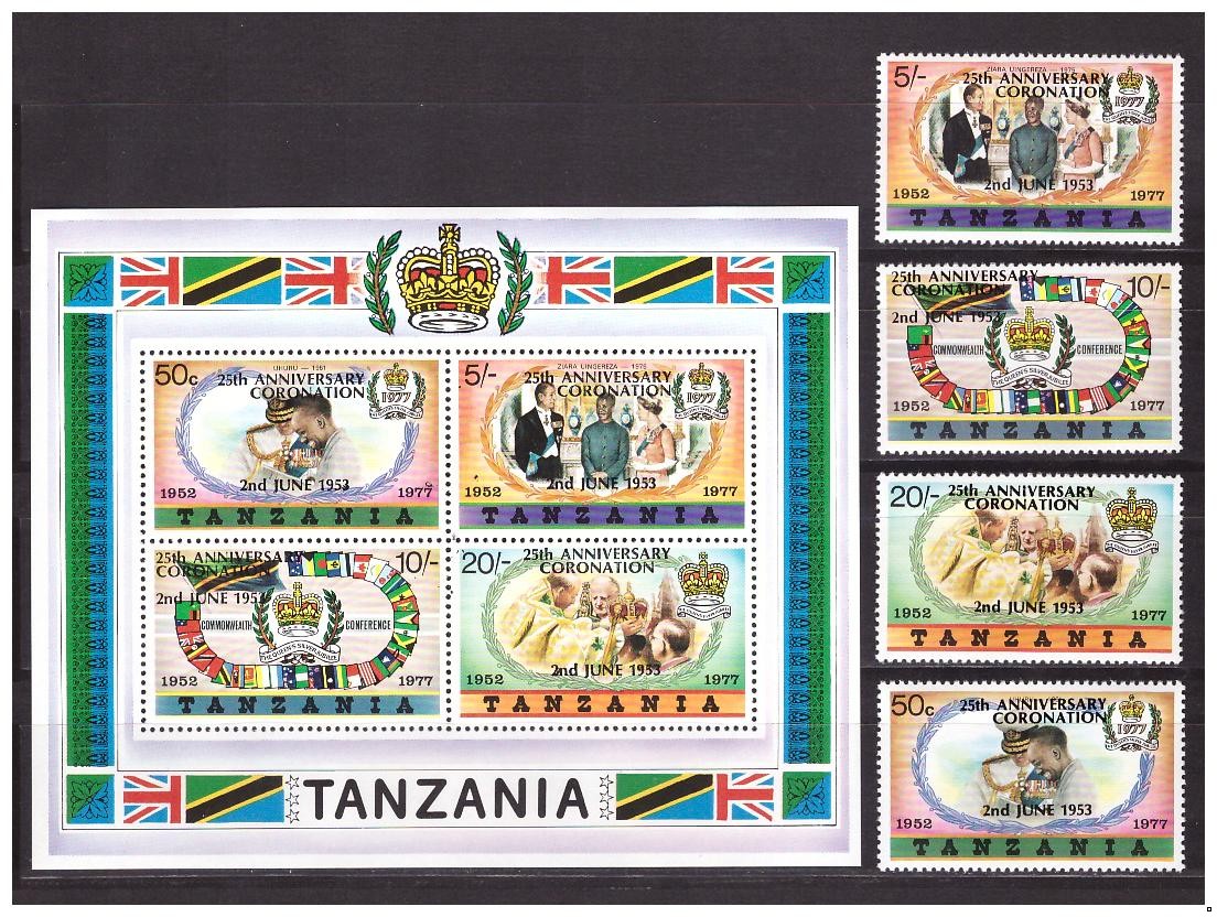 Танзания 1978 г. № 99-102, блок 12. 25-летие Коронации Елизаветы II. Серебряный Юбилей. Надпечатка(тип I). Серия+блок