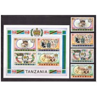 Танзания 1978 г. № 99-102, блок 12. 25-летие Коронации Елизаветы II. Серебряный Юбилей. Надпечатка(тип II). Серия+блок