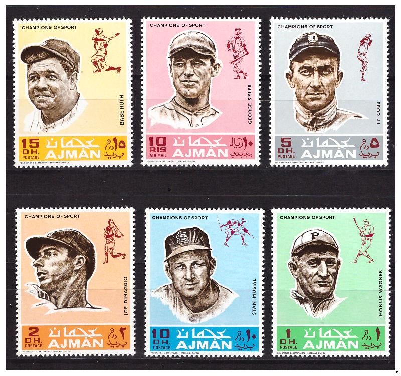 Аджман 1969 г. № 388-393. Бейсбол. Знаменитые игроки. Серия